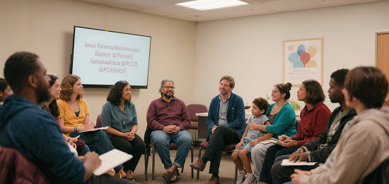 Group of people having a team discussion