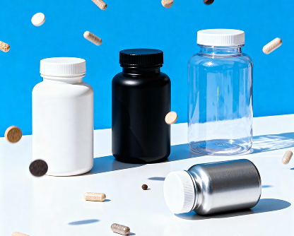 Pills, vials, and bottles on a blue surface