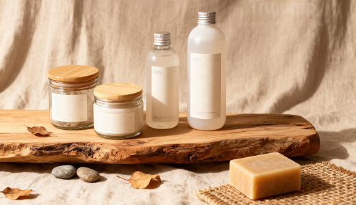Natural skin care products on wood surface